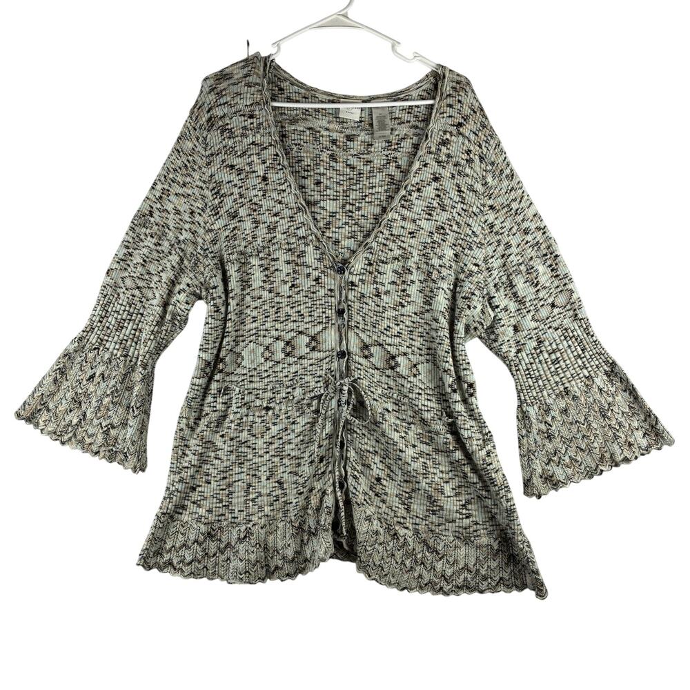Women's 3X Button Tie Front Knit Cardigan Angora Rabbit Space Dye Bell Sleeve